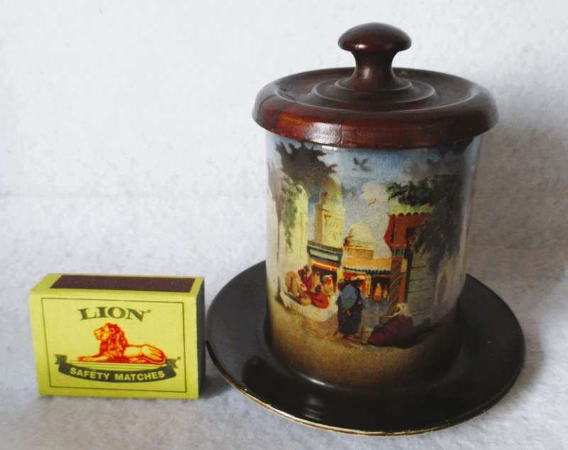 Antique Porcelain attached jar & saucer with wooden lid. Marked. 120mm high.