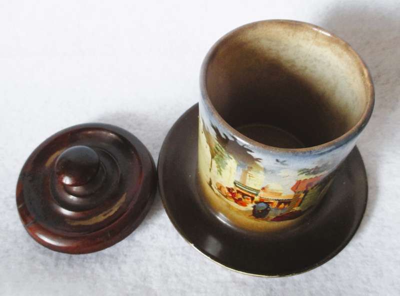 Antique Porcelain attached jar & saucer with wooden lid. Marked. 120mm high.