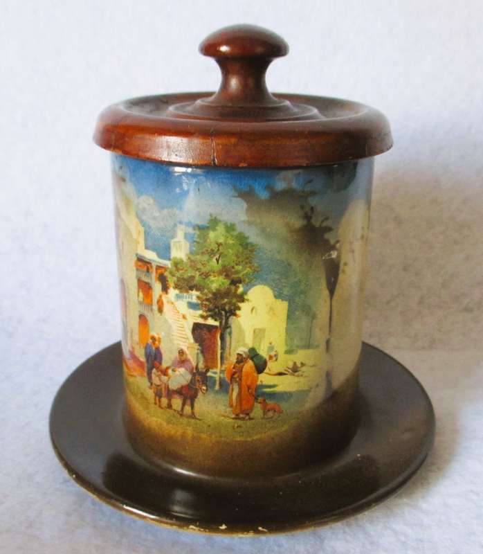 Antique Porcelain attached jar & saucer with wooden lid. Marked. 120mm high.