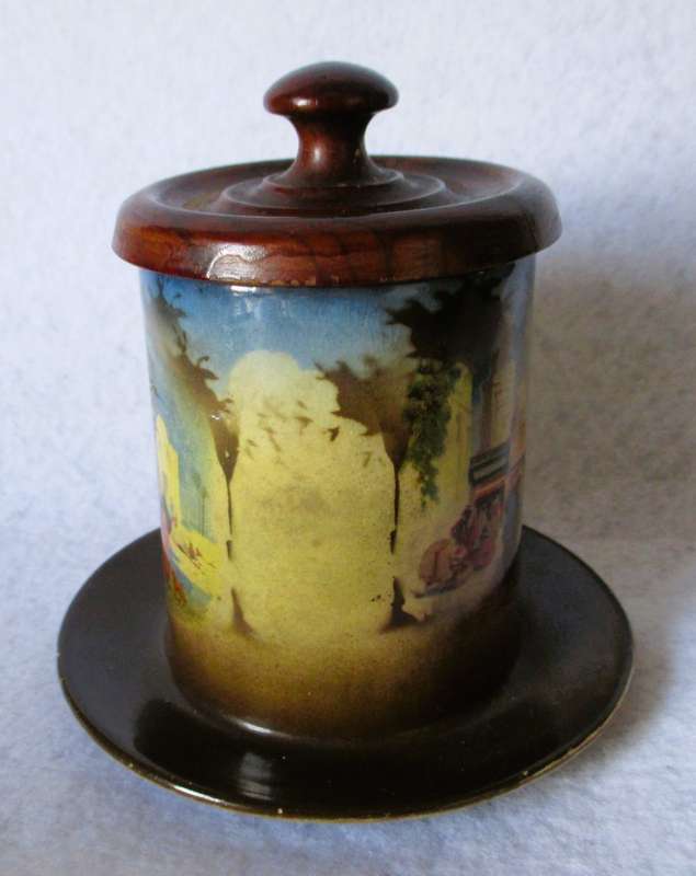 Antique Porcelain attached jar & saucer with wooden lid. Marked. 120mm high.