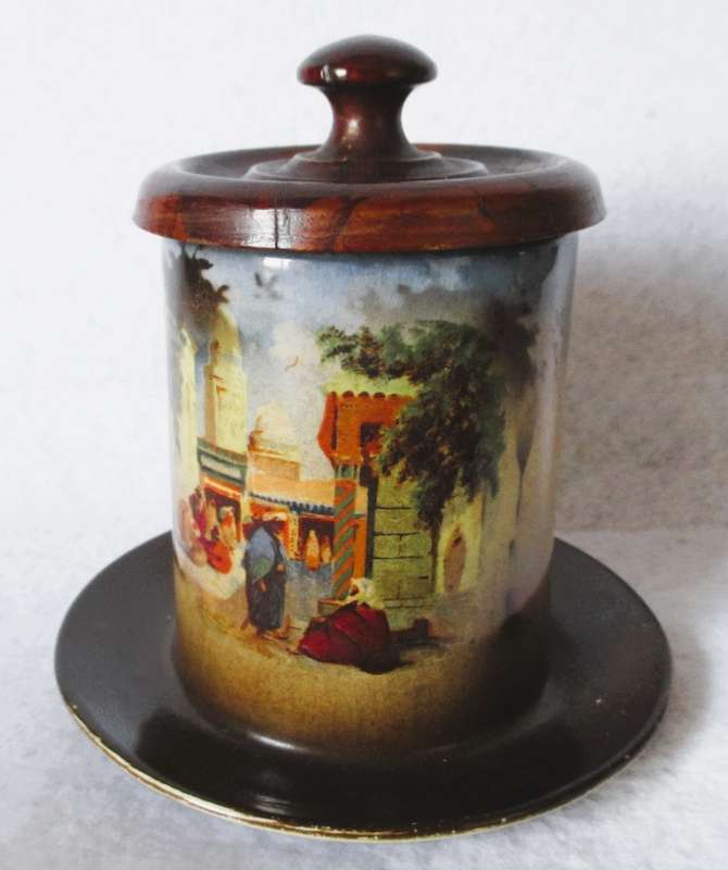 Antique Porcelain attached jar & saucer with wooden lid. Marked. 120mm high.