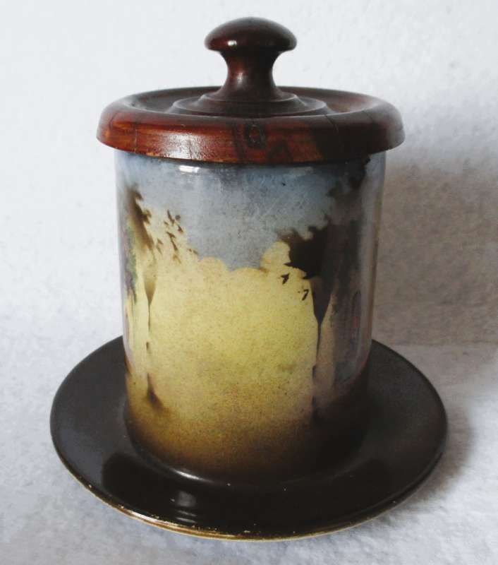 Antique Porcelain attached jar & saucer with wooden lid. Marked. 120mm high.