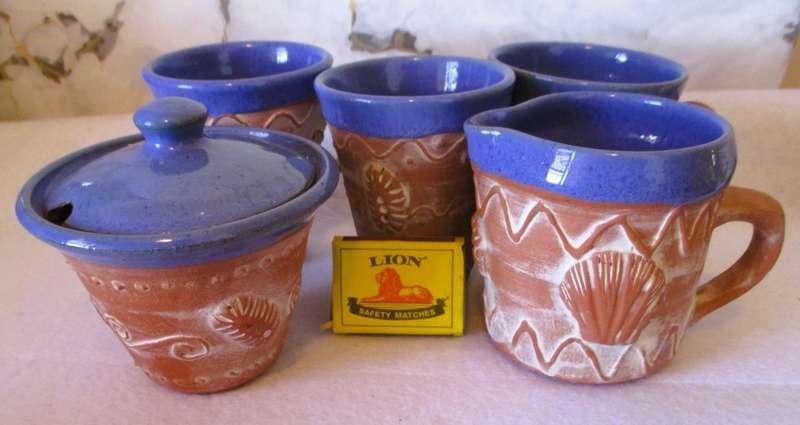 Handmade Teracotta and glazed ceramic coffee set. 3 mugs. Ocean theme. As per photo.