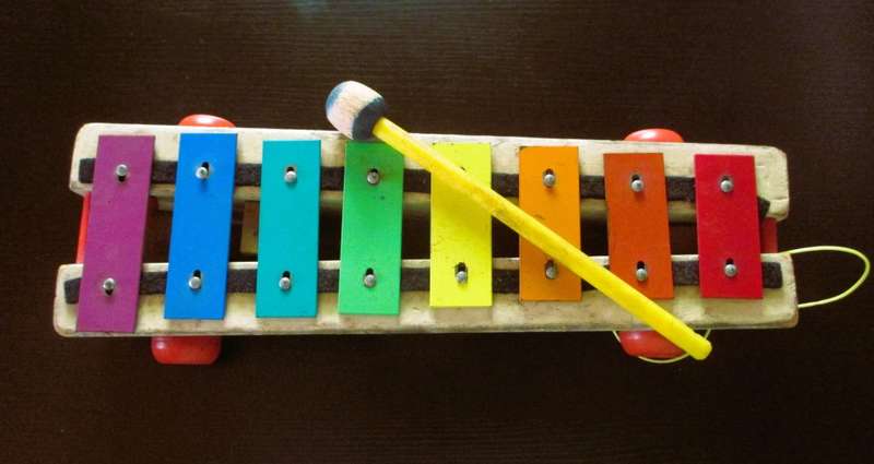 Vintage Fisher Price Pull Along Xylophone with stick - musical toy - rainbow shelf decor - 1978