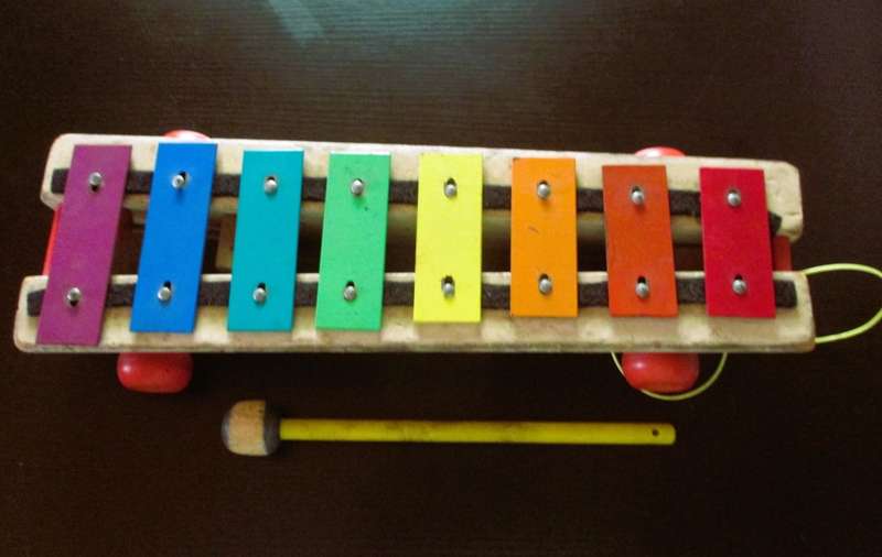 Vintage Fisher Price Pull Along Xylophone with stick - musical toy - rainbow shelf decor - 1978