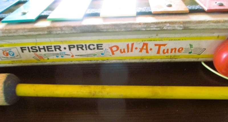Vintage Fisher Price Pull Along Xylophone with stick - musical toy - rainbow shelf decor - 1978