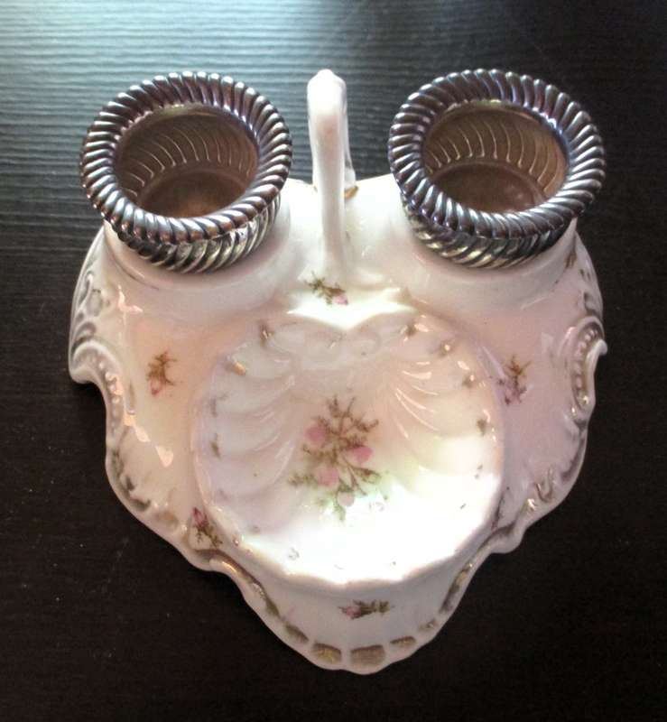 Victorian Porcelain Double Hallmarked Silver Inkwell, handpainted flowers. Exceptional item.