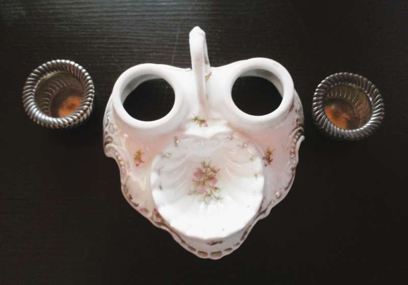 Victorian Porcelain Double Hallmarked Silver Inkwell, handpainted flowers. Exceptional item.