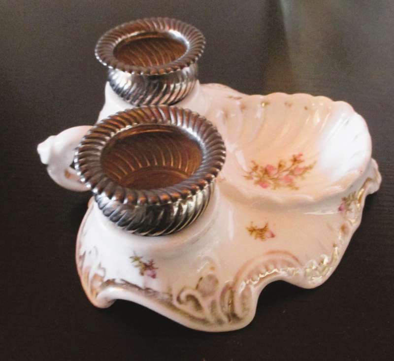 Victorian Porcelain Double Hallmarked Silver Inkwell, handpainted flowers. Exceptional item.