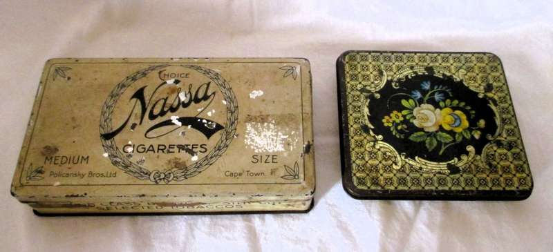 Lot of 2 Vintage Sigarette Tins. Nassa Cigarettes, Cape Town. Ladies decorative Tin.