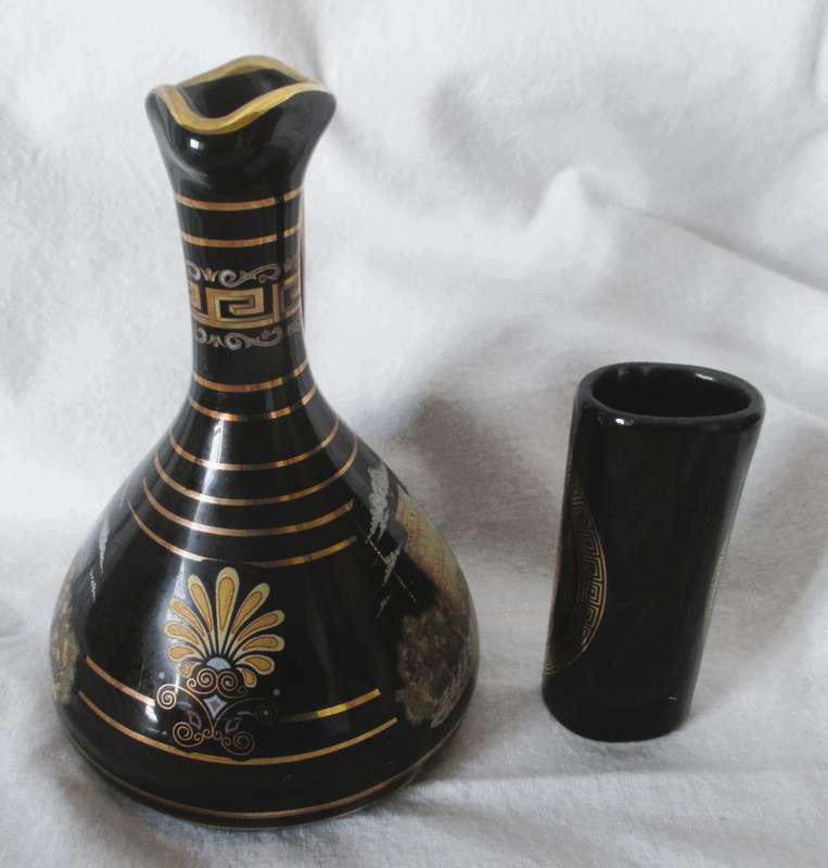 Two Strigosand Mantigos  Greek 24k Gold decorated Black Vases Pitchers. 130mm high.
