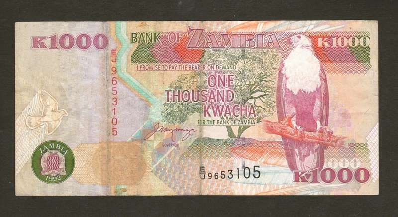 Zambia 1000 Kwacha 1992 Banknote.