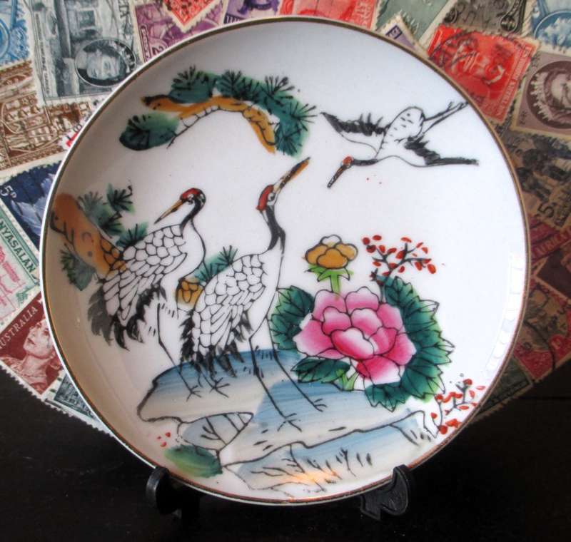 Vintage Fine Porcelain Oriental Plate with Stand. Hand painted. 100mm diameter. In box.