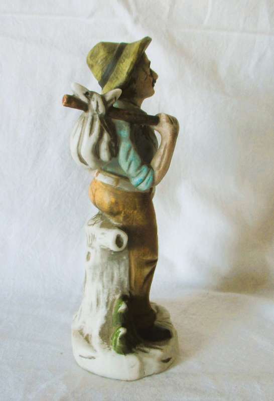 SALE R25 -Vintage Unglazed Porcelain Figurene, old man pilgrim. Made in Taiwan. 200mm high.