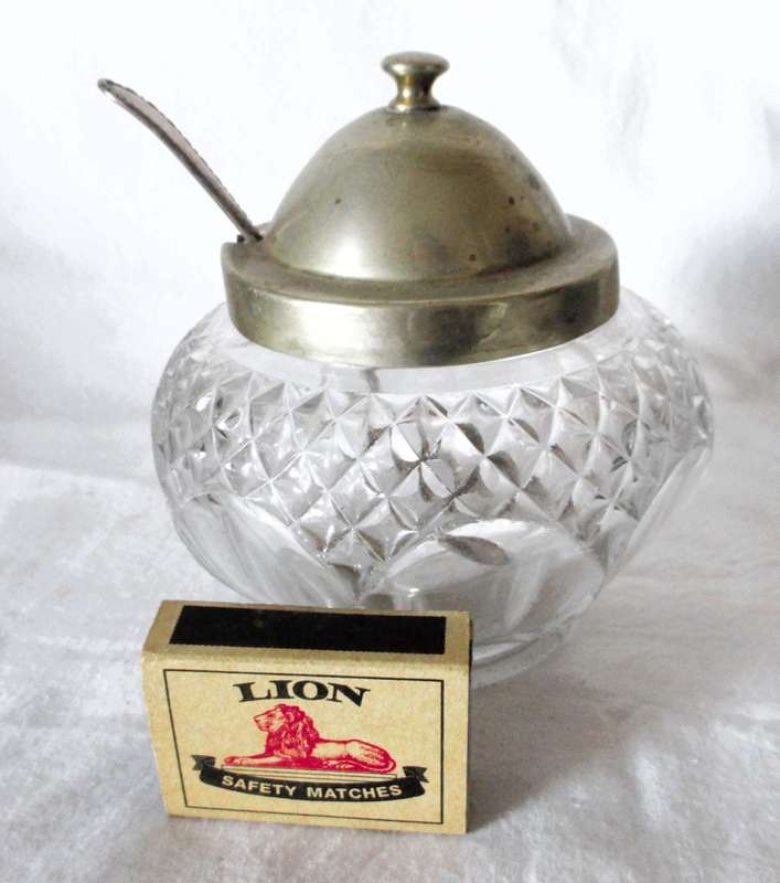 Vintage cut glass and silver plate topped preserve pot with spoon. 120mm high.