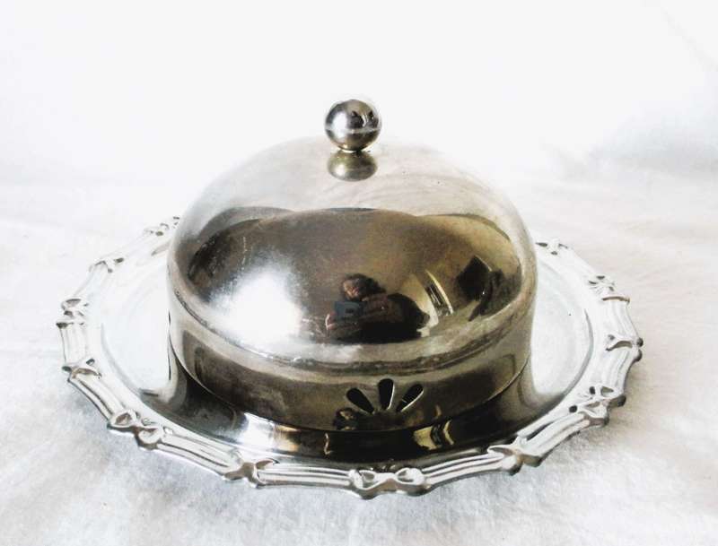 Vintage Butter Dish, with original Glass inner, Dish with silverplated lid & tray. Photo for scale.