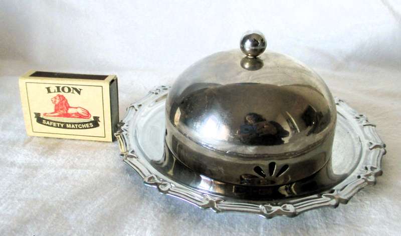 Vintage Butter Dish, with original Glass inner, Dish with silverplated lid & tray. Photo for scale.