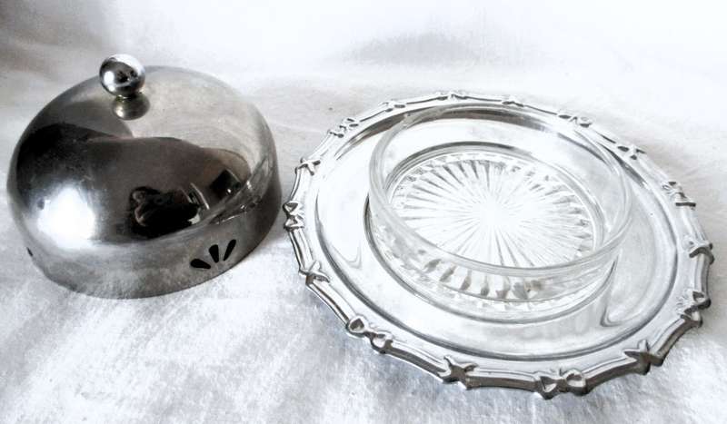 Vintage Butter Dish, with original Glass inner, Dish with silverplated lid & tray. Photo for scale.