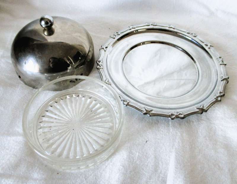 Vintage Butter Dish, with original Glass inner, Dish with silverplated lid & tray. Photo for scale.