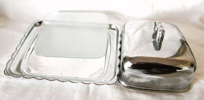 Vintage Cheese Dish, with original Glass inner, Dish with silverplated lid & tray. Photo for scale.