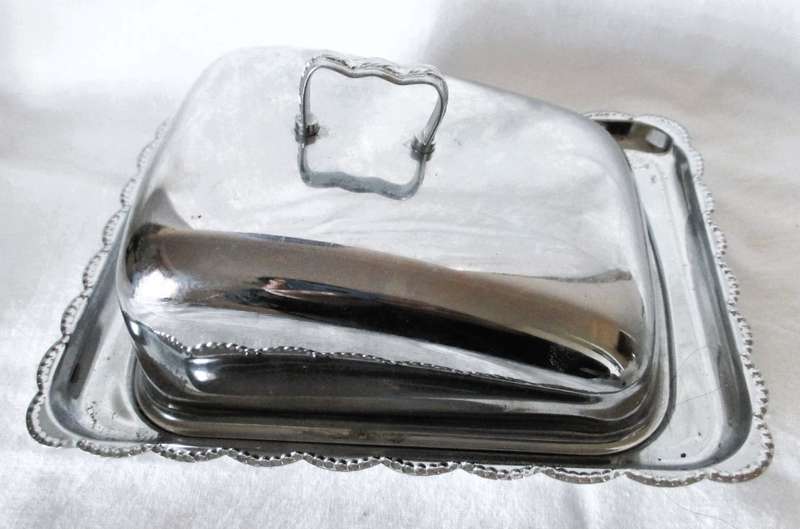 Vintage Cheese Dish, with original Glass inner, Dish with silverplated lid & tray. Photo for scale.