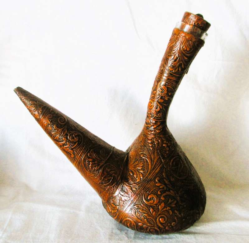 Vintage Embossed LEATHER Wrapped Glass Wine Bottle Flask DECANTER Don Quixote Spain