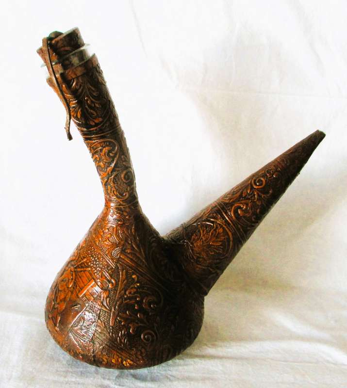 Vintage Embossed LEATHER Wrapped Glass Wine Bottle Flask DECANTER Don Quixote Spain