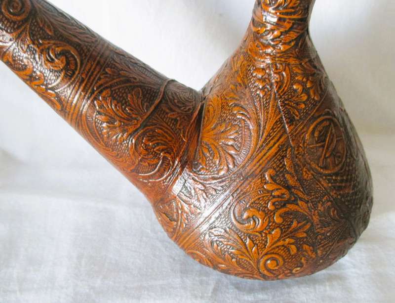 Vintage Embossed LEATHER Wrapped Glass Wine Bottle Flask DECANTER Don Quixote Spain