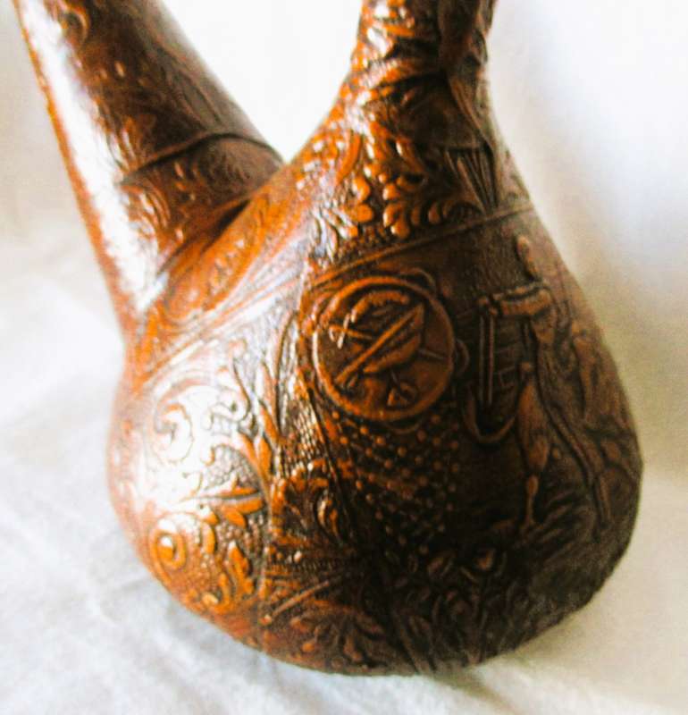 Vintage Embossed LEATHER Wrapped Glass Wine Bottle Flask DECANTER Don Quixote Spain