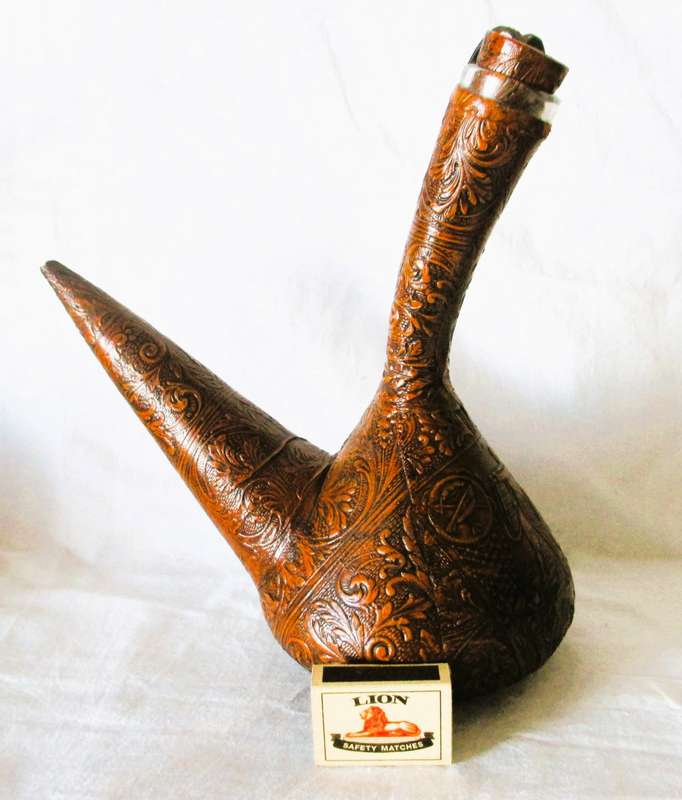 Vintage Embossed LEATHER Wrapped Glass Wine Bottle Flask DECANTER Don Quixote Spain