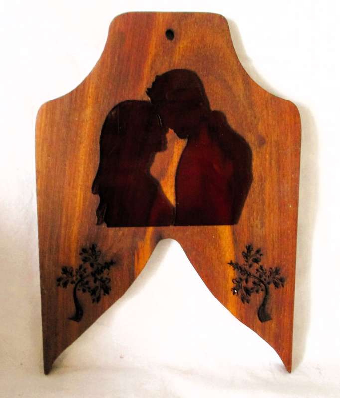 SALE R25 - Solid Wood Burning lovers silhouette on perpex Picture for wall hinging.  240x165 mm