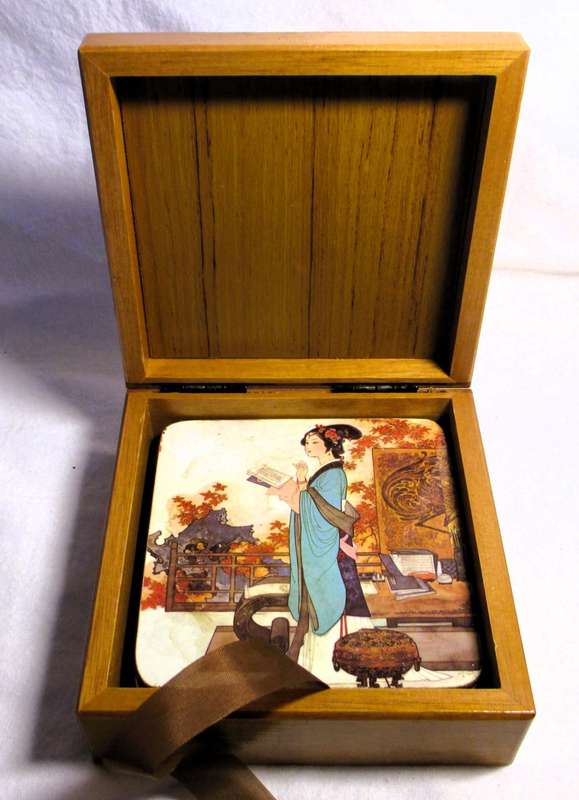 Set of 4 Vintage Japanese Geisha Coasters with Cork Back in Matching Wooden Box