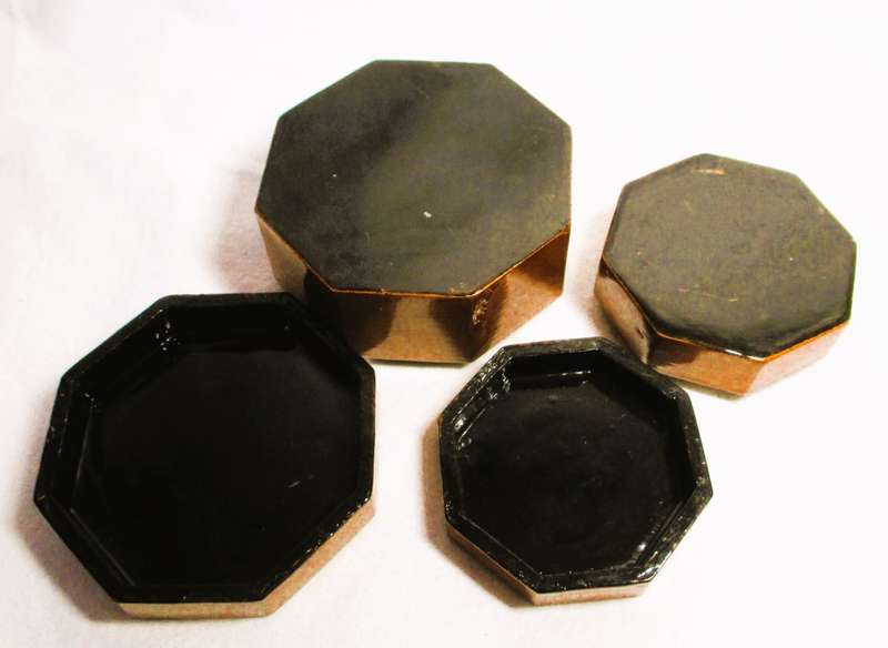 Vintage 2x Nestling Wooden decorated Trinket Boxes Art Deco Octagonal Flower Design