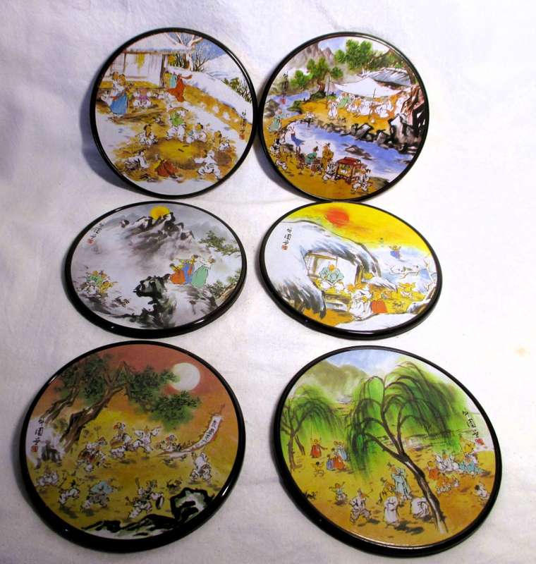 6 VINTAGE COASTERS KOREAN LIFE SCENES ARTIST YEON SEE HEE ENGLISH & KOREAN