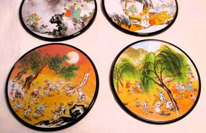 6 VINTAGE COASTERS KOREAN LIFE SCENES ARTIST YEON SEE HEE ENGLISH & KOREAN
