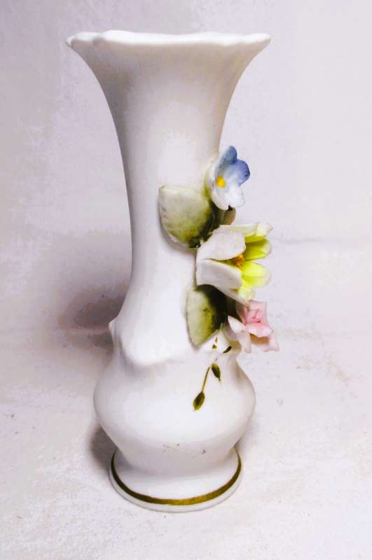Two Vintage unglazed ceramic decor items. Delicate flowers on Vase and honey pot. Bilbao.