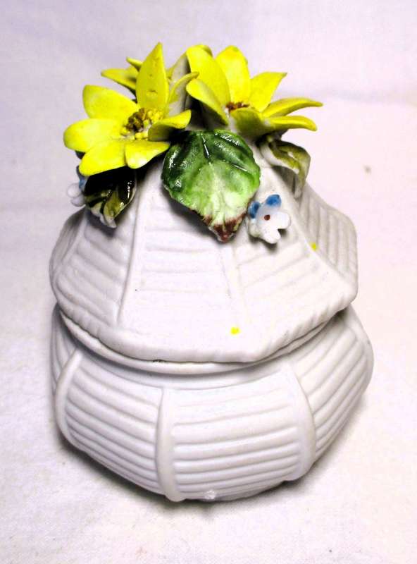 Two Vintage unglazed ceramic decor items. Delicate flowers on Vase and honey pot. Bilbao.