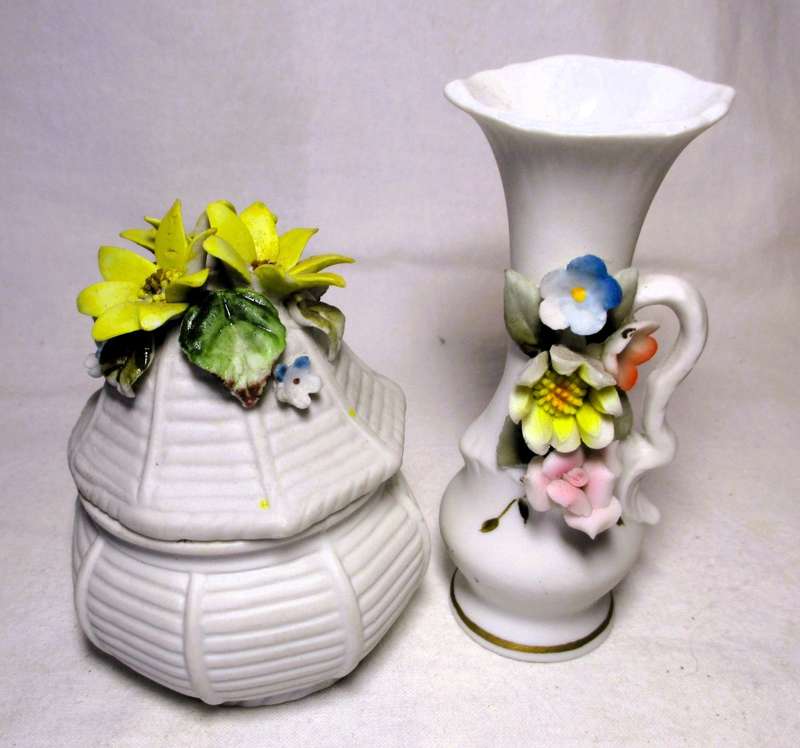 Two Vintage unglazed ceramic decor items. Delicate flowers on Vase and honey pot. Bilbao.