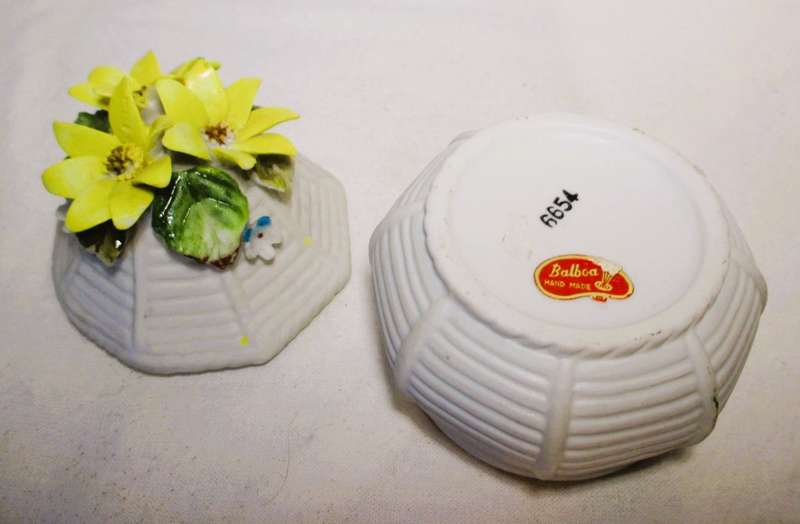 Two Vintage unglazed ceramic decor items. Delicate flowers on Vase and honey pot. Bilbao.