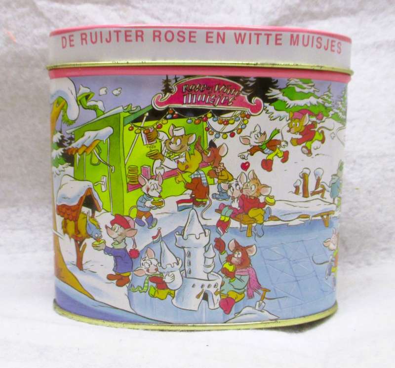 Two Vintage De Ruyter Rose and White mouse tins. Baby girl gifts. One with original tea bags.