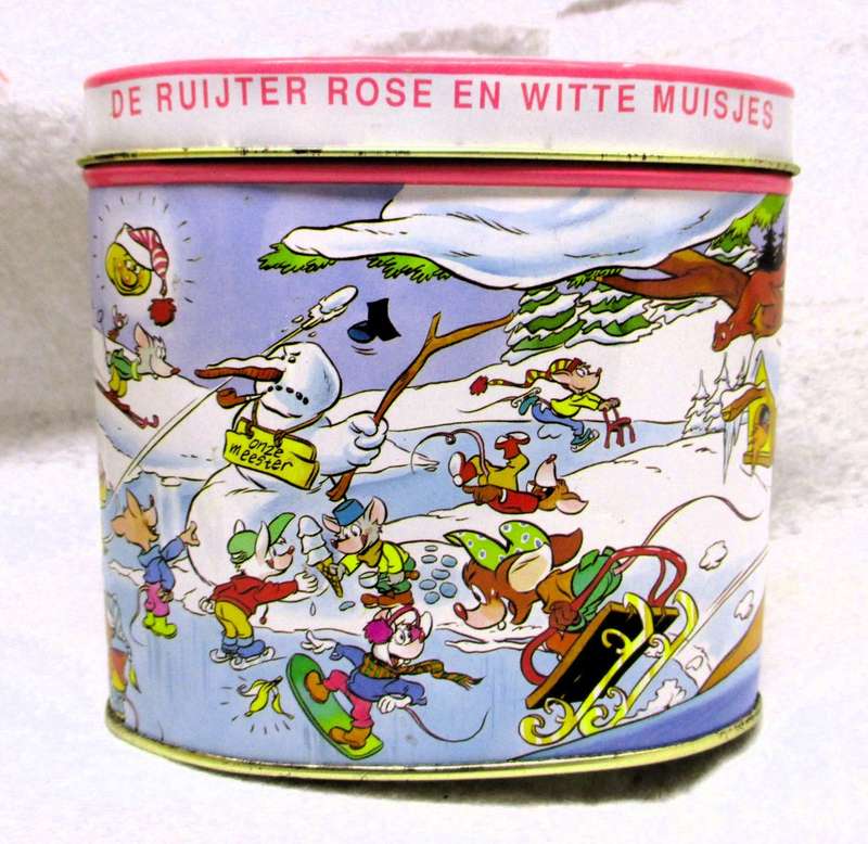 Two Vintage De Ruyter Rose and White mouse tins. Baby girl gifts. One with original tea bags.