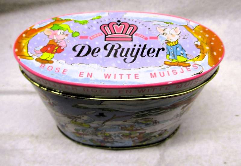 Two Vintage De Ruyter Rose and White mouse tins. Baby girl gifts. One with original tea bags.