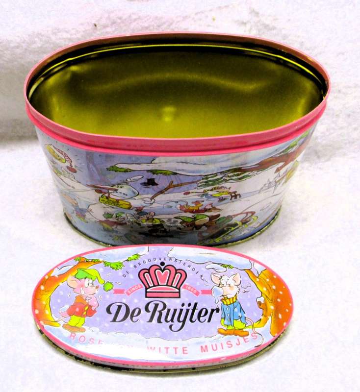 Two Vintage De Ruyter Rose and White mouse tins. Baby girl gifts. One with original tea bags.