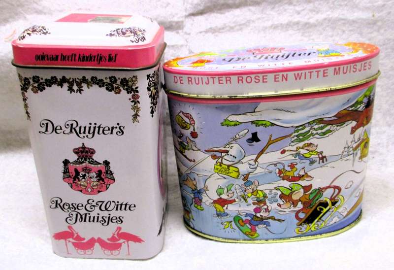 Two Vintage De Ruyter Rose and White mouse tins. Baby girl gifts. One with original tea bags.