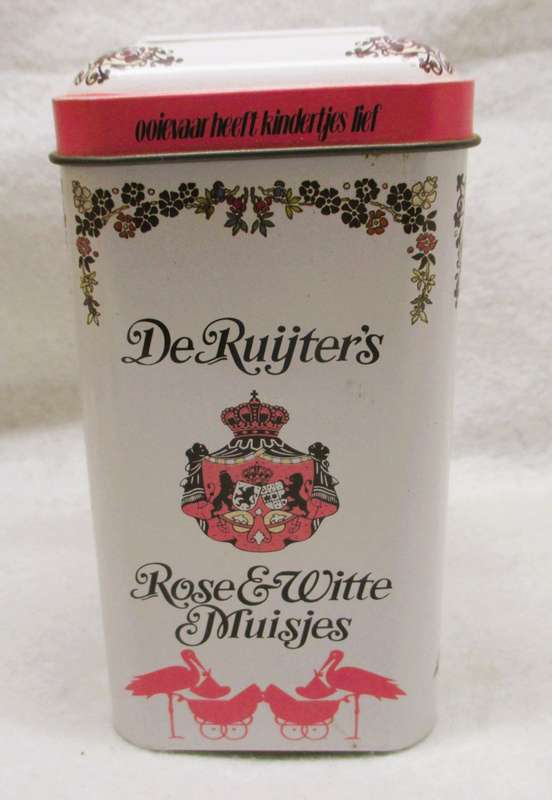 Two Vintage De Ruyter Rose and White mouse tins. Baby girl gifts. One with original tea bags.