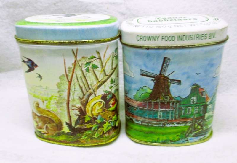 Vintage Two Dutch Collectable Tins. One with original sealed candy and with Tea. Dont consume. 100mm