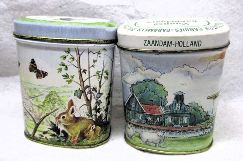 Vintage Two Dutch Collectable Tins. One with original sealed candy and with Tea. Dont consume. 100mm
