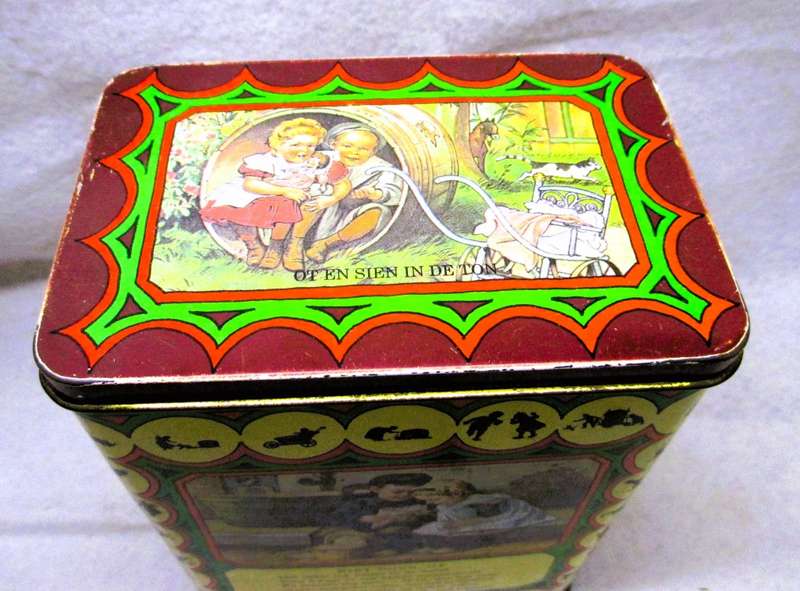 Vintage Dutch Ot and Sien tin, Nursery Rhyme Tin  Royco 170x120x80mm