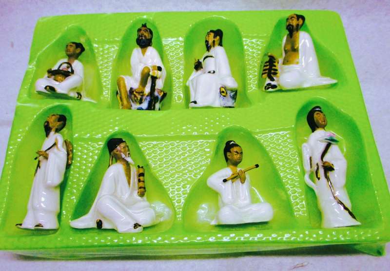 Vintage Chinese Eight Immortals figures hand painted Porcelain. In original box. Spotless.