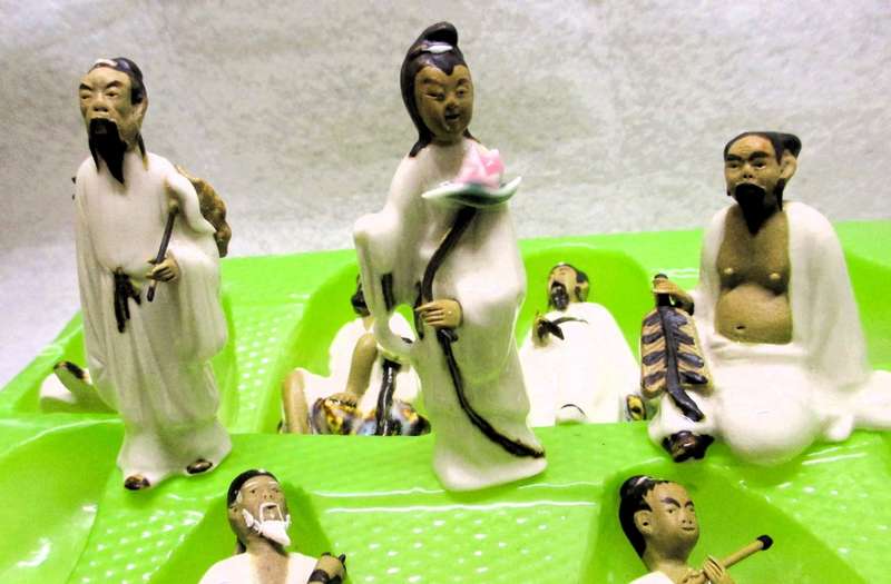 Vintage Chinese Eight Immortals figures hand painted Porcelain. In original box. Spotless.